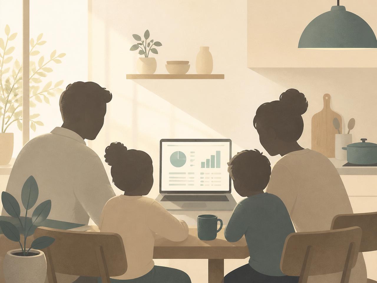 A family reviewing their monthly budget together at the kitchen table.